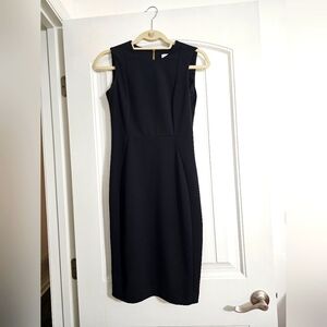 Calvin Klein black sleevless scuba sheath dress with gold princess seam.